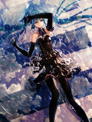 Rule 34 | 1girl, :&lt;, ahoge, aqua eyes, aqua hair, arm up, armpits, bare shoulders, black dress, black gloves, black thighhighs, blue eyes, bob (biyonbiyon), cloud, dress, elbow gloves, from above, frown, gloves, hatsune miku, highres, long hair, lying, on back, partially submerged, reflection, ripples, sky, solo, tears, thighhighs, twintails, very long hair, vocaloid, water, wet, wet clothes, zettai ryouiki