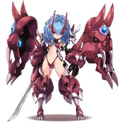 Rule 34 | 1girl, alfimi, armor, bikini armor, blue hair, breasts, curvy, fangs, gauntlets, high ponytail, highres, holding, holding sword, holding weapon, horn ornament, horns, karukan (monjya), katana, long hair, mecha, mecha musume, navel, original, ponytail, red eyes, revealing clothes, robot, shiny skin, simple background, small breasts, solo, stomach, super robot wars, super robot wars original generation, sword, thong, very long hair, weapon, white background