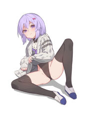 1girl a.i._voice black_leotard black_thighhighs blush cardigan clothes_lift embarrassed full_body hair_ornament hairclip highleg highleg_leotard highres leotard leotard_under_clothes lifting_own_clothes looking_at_viewer open_cardigan open_clothes purple_eyes purple_hair school_uniform serafuku short_hair simple_background skirt skirt_lift solo sweatdrop thighhighs voiceroid white_background yamamomo_(plank) yuzuki_yukari yuzuki_yukari_(shizuku)