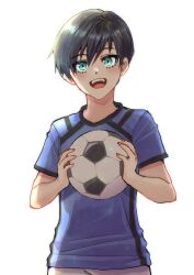 1boy aged_down aqua_eyes ball black_hair blue_lock blue_shirt child highres holding holding_ball itoshi_rin light_blush looking_at_viewer male_focus mochiksr open_mouth shirt shorts simple_background smile soccer_ball soccer_uniform solo sportswear upper_body white_background white_shorts