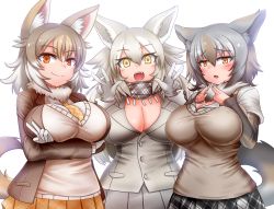 Rule 34 | 2girls, animal ear fluff, animal ears, blazer, blush, borrowed character, breasts, brown hair, cleavage, commentary request, crossed arms, czechoslovakian wolfdog (kemono friends) (kitsunetsuki itsuki), daddy pomgi, double v, fang, fictional persona, gloves, great plains wolf (kemono friends) (yoshida hideyuki), grey hair, highres, jacket, kemono friends, large breasts, looking at viewer, miniskirt, multicolored hair, multiple girls, necktie, open mouth, orange eyes, original, plaid, plaid skirt, pleated skirt, red wolf (kemono friends) (asano (asamusuko)), scarf, skirt, smile, tail, taut clothes, two-tone hair, upper body, v, white background, white gloves, white hair, wolf ears, wolf tail, yellow eyes