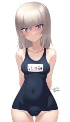 Rule 34 | 1girl, artist name, blue eyes, blue one-piece swimsuit, blush, breasts, collarbone, covered navel, dated, girls und panzer, gluteal fold, groin, highres, itsumi erika, kuzuryuu kennosuke, looking at viewer, medium hair, one-piece swimsuit, shiny skin, simple background, small breasts, solo, standing, swimsuit, white background, white hair, wide hips