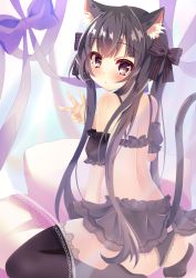 Rule 34 | 1girl, absurdres, akashiro hana, animal ears, bare arms, bare back, bare legs, bare shoulders, black bow, black hair, black underskirt, blush, body pillow, bow, breasts, brown eyes, cat ears, cat girl, closed mouth, hair between eyes, hair ornament, hair ribbon, hands up, highres, long hair, looking at viewer, lying, off shoulder, on back, on bed, original, over-kneehighs, panties, pillow, purple bow, ribbon, skirt, small breasts, solo, tail, thighhighs, twintails, underwear, white background