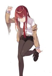Rule 34 | 1girl, adjusting clothes, adjusting shoe, against wall, alo1i, arm up, bad id, bad twitter id, black pantyhose, blue eyes, brown hair, duoyuanjun, jacket, leg up, looking at viewer, makise kurisu, necktie, off shoulder, pantyhose, parted lips, red necktie, short shorts, shorts, sidelocks, simple background, solo, steins;gate, white background