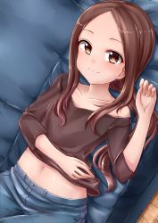 Rule 34 | 1girl, bare shoulders, blush, brown eyes, brown hair, closed mouth, collarbone, couch, denim, denim shorts, hair ornament, highres, indoors, karakai jouzu no (moto) takagi-san, karakai jouzu no takagi-san, long hair, looking at viewer, midriff, navel, on couch, shirt, shorts, simple background, skywalker0610, smile, solo, takagi-san