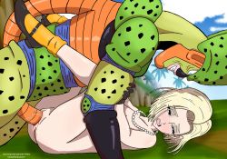 Rule 34 | 1boy, 1girl, android 18, blonde hair, cell (dragon ball), crying, defloration, dragon ball, gloves, hetero, highres, jewelry, lying, mary janes, missionary, nashdnash2007, necklace, nude, on back, orange legwear, pearl necklace, pinned, pussy, rape, shoes
