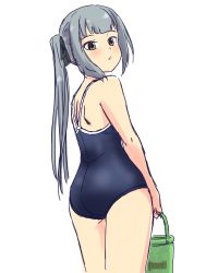 Rule 34 | 1girl, absurdres, ass, blue one-piece swimsuit, brown eyes, bucket, commentary request, competition school swimsuit, cowboy shot, grey hair, highres, kantai collection, kasumi (kancolle), long hair, looking at viewer, looking back, one-hour drawing challenge, one-piece swimsuit, repair bucket, school swimsuit, side ponytail, simple background, solo, swimsuit, tennouji masamichi, twitter username, white background