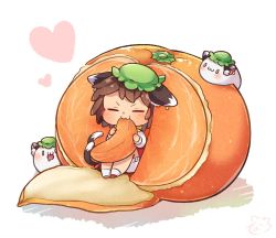 Rule 34 | 1girl, :3, = =, animal ears, bloomers, blush, bow, bowtie, brown hair, cat ears, cat tail, chen, closed eyes, drooling, earrings, eating, food, fruit, green headwear, hat, heart, highres, ibaraki natou, jewelry, long sleeves, mandarin orange, mini person, minigirl, mob cap, mochen, mochi, mouth drool, multiple tails, nekomata, open mouth, oversized food, oversized object, red vest, shirt, short hair, single earring, socks, tail, touhou, two tails, underwear, vest, white background, white shirt, yellow neckwear