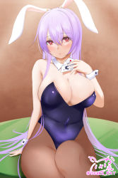 Rule 34 | 1girl, animal ears, breasts, card, cleavage, detached collar, highres, large breasts, leotard, long hair, looking at viewer, pantyhose, playboy bunny, playing card, rabbit ears, red eyes, reisen udongein inaba, sitting, solo, touhou, usaka ray, very long hair, wrist cuffs