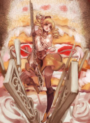 Rule 34 | 10s, 1girl, bad id, bad pixiv id, beret, blonde hair, boots, breasts, cake, corset, detached sleeves, drill hair, fingerless gloves, food, gloves, gun, hair ornament, hat, hina (xoxo), large breasts, magical girl, magical musket, mahou shoujo madoka magica, mahou shoujo madoka magica (anime), pleated skirt, puffy sleeves, skirt, solo, striped clothes, striped thighhighs, thighhighs, tomoe mami, twin drills, twintails, vertical-striped clothes, vertical-striped thighhighs, weapon, yellow eyes