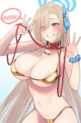 Rule 34 | 1girl, areola slip, asuna (blue archive), asymmetrical bangs, bare shoulders, bdsm, bikini, blue archive, blue eyes, blue ribbon, blush, breasts, cleavage, collar, collarbone, gold bikini, grin, hair over one eye, hair ribbon, halo, haruichi (komikal), highres, large areolae, large breasts, leash, light brown hair, long hair, looking at viewer, navel, ribbon, slave, smile, solo, swimsuit, very long hair