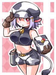 Rule 34 | 1girl, :o, animal ears, animal print, bell, neck bell, blush, bottle, breasts, collar, cow ears, cow girl, cow print, cow tail, crop top, gift, gloves, hat, hat tip, highres, holding, holding gift, incoming gift, kugelschreiber, large breasts, light purple hair, looking at viewer, midriff, milk bottle, original, red eyes, short shorts, shorts, sleeveless, solo, tail, valentine, zipper