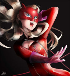 Rule 34 | 10s, 1girl, arm up, blonde hair, blue eyes, bodysuit, breasts, cat mask, cleavage, earrings, gloves, jewelry, long hair, mask, nathan stefv, open mouth, persona, persona 5, signature, solo, stud earrings, takamaki anne, upper body, whip, zipper