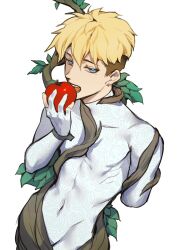 Rule 34 | 1boy, amputee, apple, blonde hair, blue eyes, bodysuit, covered navel, earrings, eating, entangled, food, fruit, gloves, hand up, highres, holding, holding food, holding fruit, jewelry, looking at viewer, male focus, open mouth, partially fingerless gloves, plant, raku7560, short hair, simple background, solo, trigun, trigun stampede, undercut, vash the stampede, vines, white background, white bodysuit