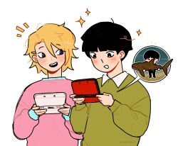 Rule 34 | 2boys, animal, animal crossing, artist name, black eyes, black hair, blonde hair, blush, commentary, english commentary, green shirt, hair between eyes, hanazawa teruki, handheld game console, highres, holding, holding animal, holding handheld game console, kageyama shigeo, kaogens, long sleeves, looking at another, male focus, mob psycho 100, multiple boys, nintendo, nintendo ds, open mouth, pink shirt, playing games, shark, shirt, short hair, simple background, smile, upper body, white background