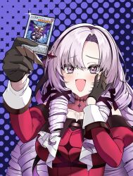 Rule 34 | 1girl, black gloves, blush, breasts, card, chaos ruler the chaotic magical dragon, chiro (chirolchoco25), dress, drill hair, gloves, hand on own cheek, hand on own face, headband, highres, holding, holding card, hyakumantenbara salome, hyakumantenbara salome (1st costume), juliet sleeves, large breasts, long hair, long sleeves, nijisanji, open mouth, puffy sleeves, purple eyes, purple hair, purple headband, red dress, sleeve cuffs, smile, solo, virtual youtuber, yu-gi-oh!