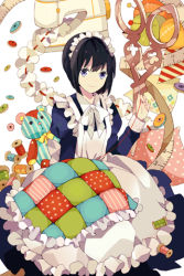 Rule 34 | apron, black hair, bow, clothes pin, frills, holding, lowres, maid, maid apron, maid headdress, mauve, needle, pillow, pin, polka dot, purple eyes, quilt, ribbon, ruler, scissors, sewing, sewing machine, short hair, sitting, smile, solid circle eyes, solo, spool, striped, stuffed animal, stuffed toy, sword girls, teddy bear