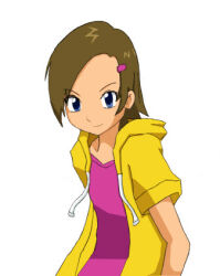 Rule 34 | 1girl, asuka (digimon), blue eyes, brown hair, digimon, digimon story: lost evolution, female focus, jacket, solo
