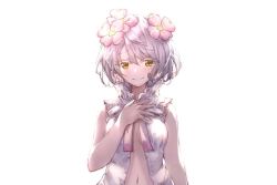 Rule 34 | 1girl, bare arms, bare shoulders, collar, flower, hair flower, hair ornament, hand on own chest, kudou chitose, navel, nijisanji, open clothes, ribbon, shirt, short hair, smile, solo, transparent background, upper body, virtual youtuber, white hair, white shirt, yellow eyes