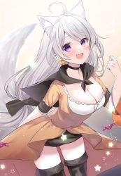 Rule 34 | 1girl, :d, ahoge, animal ears, bag, black bow, black capelet, black choker, black skirt, black thighhighs, blush, bow, breasts, candy, capelet, cat ears, cat tail, choker, cleavage, cowboy shot, dress, earrings, fang, food, gradient background, grey hair, hair bow, halloween, hamico, handbag, highres, holding, holding bag, jewelry, large breasts, long hair, open mouth, orange dress, original, purple eyes, short sleeves, simple background, skirt, smile, solo, standing, star (symbol), swept bangs, tail, thighhighs, white background, white hair