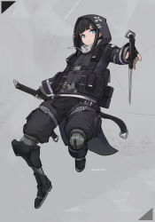Rule 34 | 1girl, amputee, black coat, black hair, blue eyes, blunt bangs, coat, combat knife, dual wielding, female focus, fingerless gloves, gloves, grey background, highres, holding, hood, hood up, hooded coat, jiang1274, joints, knife, load bearing vest, original, prosthesis, reverse grip, robot joints, serious, sidelocks, solo, tactical clothes, twitter username, weapon