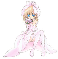 Rule 34 | 1girl, blue eyes, bouquet, bride, dress, drill hair, flower, kona-ya, looking at viewer, original, simple background, solo, thighhighs, wedding dress, white background