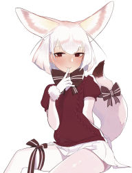 Rule 34 | 10s, 1girl, animal ears, arm behind back, beijuu, bow, bowtie, brown eyes, extra ears, fennec (kemono friends), finger to mouth, fox ears, fox tail, fur-trimmed gloves, fur trim, gloves, heart, heart-shaped pupils, highres, kemono friends, leg ribbon, looking at viewer, pantyhose, puffy short sleeves, puffy sleeves, ribbon, short hair, short sleeves, simple background, sitting, skirt, smile, solo, sweater, symbol-shaped pupils, tail, tail bow, tail ornament, tail ribbon, thigh ribbon, white background, white gloves, white hair, white pantyhose