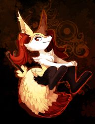 Rule 34 | 1girl, absurdres, animal ears, animal hands, black background, braixen, creatures (company), feet, female focus, fox ears, fox tail, frogbians, from below, full body, furry, furry female, game freak, gen 6 pokemon, half-closed eyes, hands on own knee, highres, looking to the side, nintendo, own hands together, pokemon, pokemon (creature), pokemon xy, red background, red eyes, simple background, sitting, smile, solo, spread legs, stick, tail