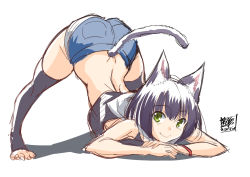 Rule 34 | 1girl, animal ear fluff, animal ears, black hair, black hoodie, black legwear, blue shorts, cat ears, cat girl, cat tail, closed mouth, commentary, crop top, english commentary, fang, fang out, full body, green eyes, highres, hood, hood down, hoodie, jack-o&#039; challenge, looking at viewer, midriff, nekoi hikaru, no shoes, original, own hands together, shadow, short shorts, shorts, sketch, smile, solo, tail, toeless legwear, top-down bottom-up, white background