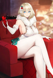 1girl, bangs, blonde hair, blue eyes, blurry, blurry background, breasts, chair, china dress, chinese clothes, christmas, commentary request, dress, elbow gloves, fur collar, fur trim, furniture, gift, gloves, hayabusa, high heels, highres, holding, holding gift, large breasts, legs crossed, looking at viewer, original, pantyhose, red footwear, short eyebrows, short hair, sideboob, sitting, slit pupils, smile, solo, thick eyebrows, white gloves, white legwear