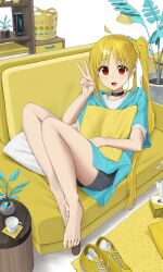 Rule 34 | 1girl, :d, ahoge, black choker, blonde hair, blush, bocchi the rock!, can, choker, couch, cup, highres, ijichi nijika, long hair, looking at viewer, noeru, open mouth, plant, red eyes, shirt, shoes, unworn shoes, side ponytail, sitting, skirt, smile, solo, tissue, v, vase, white shirt, yellow footwear