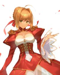 Rule 34 | 10s, 1girl, ahoge, bad id, bad pixiv id, blonde hair, blurry, blush, braid, breasts, cleavage, closed mouth, depth of field, dress, epaulettes, fate/extra, fate (series), french braid, green eyes, hair intakes, hana mori, hand up, highres, juliet sleeves, long sleeves, looking at viewer, medium breasts, nero claudius (fate), nero claudius (fate) (all), nero claudius (fate/extra), petals, puffy sleeves, red dress, see-through, sidelocks, simple background, smile, solo, v-shaped eyebrows, white background