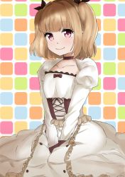 Rule 34 | 10s, 1girl, bad id, bad pixiv id, between legs, blonde hair, bow, buttons, choker, closed mouth, corset, dress, eyebrows, frilled dress, frills, hair bow, hand between legs, highres, iijima yun, long sleeves, looking at viewer, new game!, puffy sleeves, red eyes, sitting, smile, solo, sweatdrop, tanuki (siutkm0228), two side up