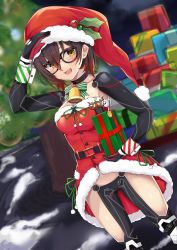 Rule 34 | 1girl, absurdres, bell, belt, black-framed eyewear, black belt, black choker, blush, breasts, brown hair, buttons, choker, cleavage, coat, collarbone, dutch angle, fur trim, gift, glasses, hair between eyes, hat, highres, holding, holding gift, holly, hololive, large breasts, looking at viewer, mechanical arms, mechanical legs, no pants, open mouth, red coat, roboco-san, santa costume, santa hat, satobitob, short hair, sleeveless, smile, solo, thighs, virtual youtuber, wrist cuffs, yellow eyes