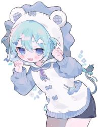 Rule 34 | 1girl, animal ears, animal hood, aqua hair, artist name, blue eyes, blush, blush stickers, bow, candy, claw pose, cloud hair ornament, commentary, cotono (nazekun), cowboy shot, fake animal ears, floral print, flower (symbol), food, gao, hair between eyes, hair ornament, hairclip, half-closed eyes, hands up, highres, hood, hood up, hoodie, jitome, leaning forward, lightning bolt symbol, lion hood, lion tail, lollipop, long sleeves, looking at viewer, neck ribbon, open mouth, original, pastel colors, pocket, ribbon, sharp teeth, sidelocks, simple background, smile, solo, spoken lightning bolt, standing, swirl lollipop, tail, tail ornament, tail ribbon, teeth, upper teeth only, white background