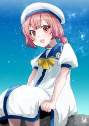 Rule 34 | 1girl, blue sailor collar, blue sky, bow, dress, feet out of frame, hair rings, hat, highres, kaiboukan no. 4 (kancolle), kantai collection, kimura shiki, long hair, low twintails, one-hour drawing challenge, pink hair, red eyes, sailor collar, sailor dress, sailor hat, sky, smile, solo, star (sky), starry sky, twintails, white dress, white hat, yellow bow