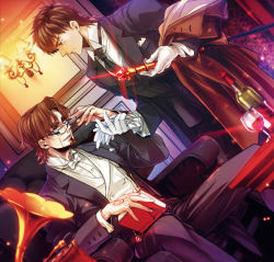 Rule 34 | 2boys, ascot, brown hair, cane, command spell, cup, drinking glass, facial hair, fate/zero, fate (series), formal, glasses, gloves, goatee, kotomine kirei, multiple boys, phonograph, staff, sunday31, tohsaka tokiomi, wine glass