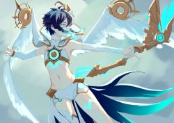 Rule 34 | 1boy, altummm, androgynous, black hair, blue hair, bow (weapon), braid, bridal gauntlets, capelet, chest tattoo, covered mouth, crop top, elbow gloves, feathered wings, flower, genshin impact, gloves, gradient hair, green eyes, hair flower, hair ornament, highres, holding, holding bow (weapon), holding weapon, hood, hood down, hooded capelet, leg tattoo, male focus, midriff, multicolored hair, navel, short hair with long locks, shorts, side braids, sidelocks, single thighhigh, solo, tattoo, thighhighs, twin braids, venti (archon) (genshin impact), venti (genshin impact), weapon, white flower, white shorts, white wings, wings