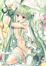 Rule 34 | 1girl, animal ear fluff, animal ears, areola slip, bare shoulders, bound, bound wrists, breasts, cat ears, cat girl, cat tail, dress, food, green hair, green ribbon, hair censor, highres, holding, kneeling, long hair, looking at viewer, macaron, mouth hold, navel, no bra, open clothes, open dress, original, panties, purple eyes, ribbon, side-tie panties, single thighhigh, sleeveless, sleeveless dress, small breasts, solo, stomach, striped clothes, striped thighhighs, tail, takano yuki (allegro mistic), thighhighs, thighs, twintails, underwear, untied panties, very long hair, white dress, white panties, white ribbon
