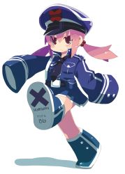 Rule 34 | 1girl, black necktie, boots, full body, haru (muteki sensei), hat, marching, muteki sensei, necktie, oversized clothes, peaked cap, pink hair, purple eyes, simple background, sleeves past wrists, solo, twintails, uniform, white background, zankuro