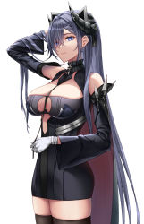 Rule 34 | 1girl, august von parseval (azur lane), azur lane, bare shoulders, black cape, black dress, black thighhighs, blue eyes, breasts, cape, cleavage, cowboy shot, cross, curled horns, detached sleeves, dress, eyes visible through hair, from side, gloves, highres, horns, iron cross, large breasts, long hair, looking at viewer, mechanical horns, microdress, naga (pixiv70891418), purple hair, simple background, skindentation, solo, standing, thighhighs, underboob, very long hair, white background, white gloves