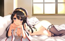 Rule 34 | 10s, 1girl, bed, blush, bottomless, breasts, brown thighhighs, cleavage, hairband, haruna (kancolle), head rest, highres, japanese clothes, jpeg artifacts, kantai collection, lemon tea (15058751917), looking at viewer, lying, navel, on side, open clothes, pillow, purple eyes, pussy, smile, solo, thighhighs, window
