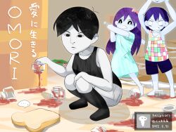 Rule 34 | ..., 1girl, 2boys, angry, aubrey (headspace) (omori), aubrey (omori), barefoot, baseball bat, black eyes, black hair, black shorts, black socks, black tank top, blue dress, bread, bread slice, clenched teeth, colored skin, commentary request, dated, dress, food, full body, grey shorts, grey skin, holding, holding baseball bat, jam, kel (headspace) (omori), kel (omori), lets0020, long hair, looking at another, medium bangs, multiple boys, omori, omori (omori), open mouth, purple hair, short hair, short sleeves, shorts, socks, spoken ellipsis, squatting, tank top, tearing up, teeth, translation request, v-shaped eyebrows, white skin