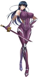 Rule 34 | 1girl, bare shoulders, blue hair, boots, breasts, clenched hands, collaboration, covered navel, curvy, full body, green eyes, hair ribbon, high heel boots, high heels, high ponytail, igawa asagi, large breasts, lilith-soft, long hair, looking at viewer, official art, revealing clothes, ribbon, sennen sensou aigis, shiny clothes, shiny skin, simple background, skin tight, skindentation, smile, solo, standing, taimanin (series), taimanin asagi, taimanin rpgx, taimanin suit, thighhighs, wide hips