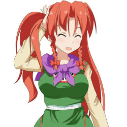 Rule 34 | 1girl, :d, ^ ^, braid, breasts, bunching hair, cato (monocatienus), cosplay, dragon quest, dragon quest iii, closed eyes, fighter (dq3), fighter (dq3) (cosplay), hong meiling, long hair, long sleeves, open mouth, red hair, sash, scarf, side ponytail, simple background, smile, solo, touhou, twin braids, upper body, white background