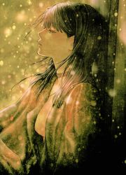 Rule 34 | 1girl, asada hiroyuki, backlighting, black hair, breasts, choker, commentary request, highres, light particles, long hair, looking away, medium breasts, no bra, open clothes, original, parted lips, profile, sepia, solo, upper body, wind