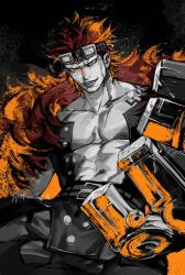 Rule 34 | 2023, abs, coat, commentary request, dated, eustass kid, fangs, fur coat, goggles, goggles on head, highres, looking at viewer, male focus, muscular, muscular male, navel, one piece, orange eyes, orange theme, pants, pectorals, prosthesis, prosthetic arm, red hair, scar, scar on face, short hair, solo, teeth, xuchuan