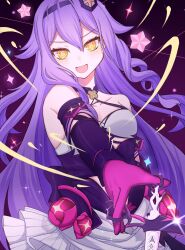 Rule 34 | 1girl, bare shoulders, breasts, collarbone, gloves, hair between eyes, highres, holding, holding scissors, holding weapon, honkai (series), honkai impact 3rd, koganeekaki, long hair, open mouth, pink gloves, purple hair, scissors, sirin, sirin (miracle magical girl), small breasts, star (symbol), symbol-shaped pupils, upper body, weapon, x-shaped pupils, yellow eyes