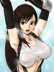 Rule 34 | 1990s (style), 1girl, armpits, arms up, bad id, bad pixiv id, breasts, brown hair, female focus, final fantasy, final fantasy vii, gus (clarkii), large breasts, long hair, midriff, open mouth, retro artstyle, skirt, smell, solo, square enix, suspender skirt, suspenders, sweat, tifa lockhart, upper body