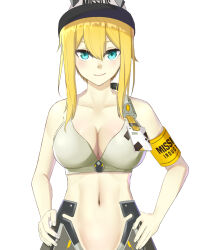 Rule 34 | 1girl, armband, bare shoulders, blonde hair, blue eyes, breasts, cleavage, closed mouth, clothes writing, collarbone, commentary, cowboy shot, goddess of victory: nikke, hair between eyes, hands on own hips, highres, looking at viewer, maxwell (nikke), mechanical legs, medium breasts, midriff, navel, nero (voyaki), short hair, short hair with long locks, simple background, smile, solo, sports bra, standing, visor cap, white background, white sports bra